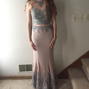 2 Piece Taupe/Silver Prom Dress
